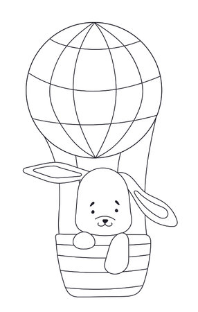 Coloring Page For Kids: Bunny Flying In A Hot Air Balloon Basket, A Creative Activity For Children, A Fun Vector Illustration For ChildrenS Creativityのイラスト素材