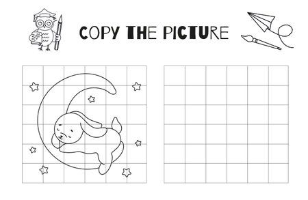Draw The Hare Sleeping On The Moon In This Vector Drawing Practice Worksheet, A Printable Black And White Activity For Kids To Copy Or Complete The Picture On The Coloring Pageのイラスト素材