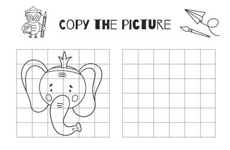 In This Vector Drawing Practice Worksheet, Kids Can Enjoy A Carnival-Themed New Year Activity By Copying Or Completing The Black And White Printable Image Of An Elephant Wearing A Crownのイラスト素材
