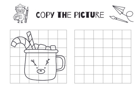 In This Vector Drawing Practice Worksheet, Kids Can Draw A New YearS Cup Of Cocoa With Marshmallows And Candies, Copy The Picture, Or Complete The Coloring Pageのイラスト素材