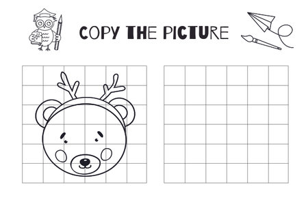 Draw The Portrait Of A Bear With Deer Horns. A Printable Black And White Activity For Kids To Copy Or Complete The Picture On The Coloring Pageのイラスト素材