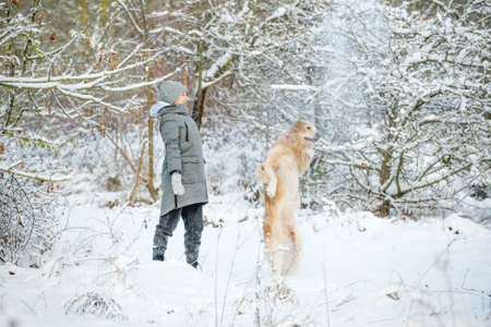 Teenage Girl With Golden Retriever Plays With Snow In Winter Forestの写真素材