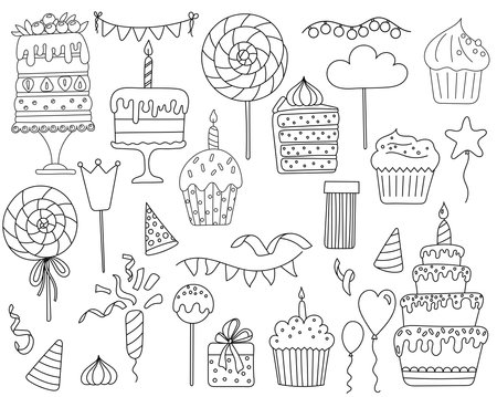 This Coloring Page For Kids Features A Set Of Sweet Illustrations Including Cakes, Cupcakes, And Candies, Perfect For ChildrenS Creativity And A Creative Coloring Bookのイラスト素材