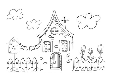 Spring Picture Coloring Page For Kids Features A House, Birdhouse, Fence, And Tulips In A Vector Illustration, Perfect For A Black And White Coloring Book To Printのイラスト素材