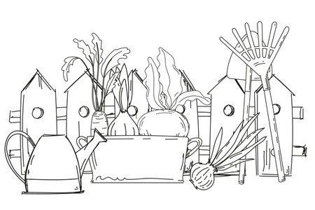 Coloring Book For ChildrenS Creativity Features A Rural Illustration Of A Fence, Seedlings, Watering Can, And Rake, Representing A Garden In The Village, Hand-Drawn And Ready For Printのイラスト素材