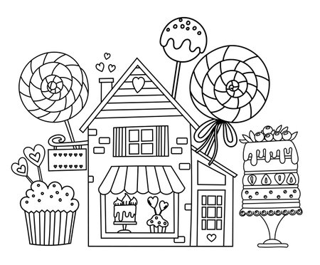 Hand-Drawn Vector Coloring Page Features A Cute Candy Shop House With Cakes On Display, Perfect For A Sweet Doodle Set Or Stress-Relief Coloring Bookのイラスト素材