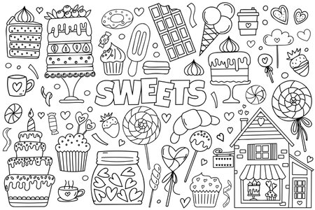 Hand-Drawn Vector Doodle Set Features A Stress-Relief Coloring Page Theme Of Sweets, Including An Array Of Cakes, Candies, Cupcakes, Ice Cream, And More, Making It A Cute Coloring Bookのイラスト素材