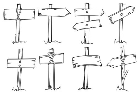 Hand-Drawn Doodle Set In Vector Features A Coloring Page With Various Wooden Pointers, Making It A Cute Coloring Bookのイラスト素材