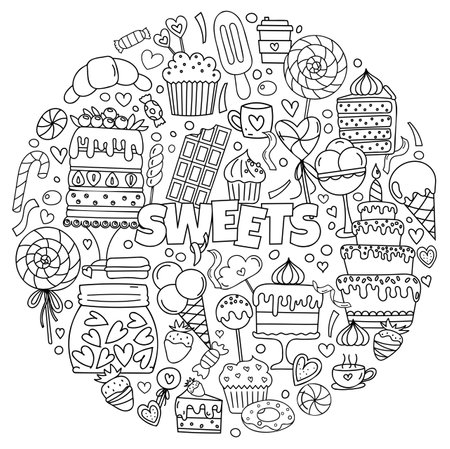 Hand-Drawn Doodles Themed On Sweets, Including A Set Of Pictures With Cakes, Candies, And Other Treats For Stress-Relieving Coloringのイラスト素材