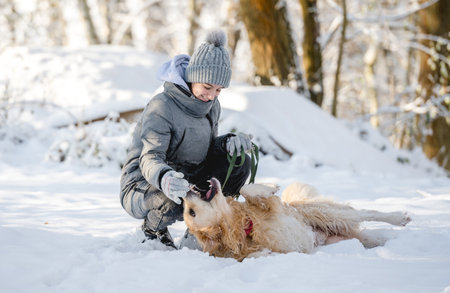 Teenage Girl Plays With Golden Retriever In Snowy Forest, Sitting With Dogの写真素材