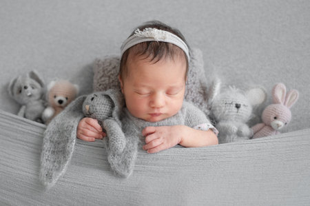 Newborn Girl Sleeps Under Blanket With Toys During Baby Photoshoot In Studioの写真素材