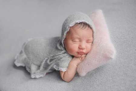 Newborn Girl Sleeps In Grey Dress During Baby Photoshoot In Studioの写真素材