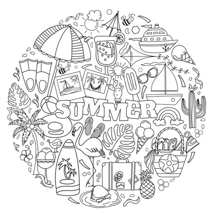Hand-Drawn Vector Doodle Set For A Summer-Themed Anti-Stress Coloring Page, Featuring The Sea And Everything Needed For Summer Relaxation In A Coloring Bookのイラスト素材