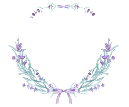 Beautiful lavender provence wreath with text watercolor illustration for postcard design. Tender purple flower ornament aquarelle drawingのイラスト素材