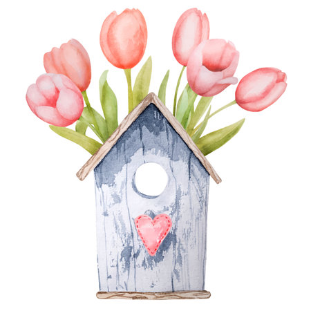 Beautiful pink tulip flowers and wooden bird house watercolor paiting. Spring blossom garden plant aquarelle drawingのイラスト素材