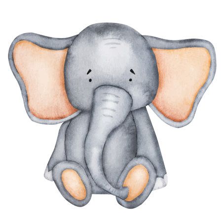 Cute elephant on white background watercolor painting for baby child postcard. Cartoon animal with trunk aquarelle drawing for childrenのイラスト素材