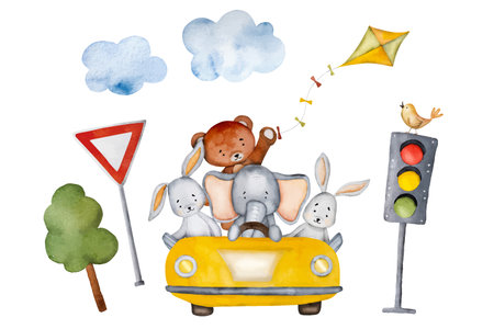 Cartoon bear, elephant and bunny in yellow car with bird and kite watercolor painting. Automobile transportation with cute animals, traffic lights and trees aquarelle travel illustrationのイラスト素材
