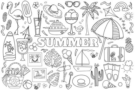 Hand-Drawn Vector Doodle Set For A Summer-Themed Anti-Stress Coloring Page, Featuring The Sea And Everything Needed For Summer Relaxation In A Coloring Bookのイラスト素材