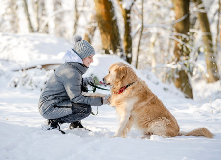Teenage Girl With Golden Retriever Gives Paw In Snowy Forest, Sitting With Dogの写真素材