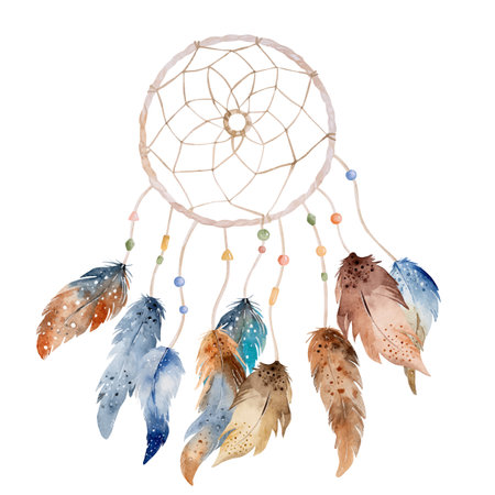 Tribal feather boho dreamcatcher watercolor ornament. Traditional dream catcher ethnic wing paintingのイラスト素材