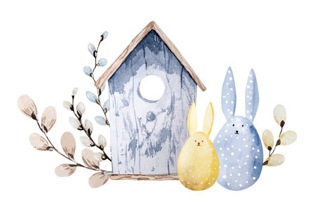Birdhouse, Willow, And Decor - Easter Eggs With Rabbit Ears, Hand-Painted With Watercolor, Are An Illustration For Easterのイラスト素材