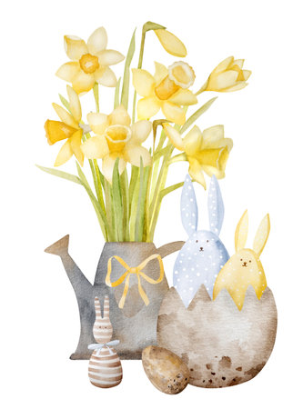 Daffodils In A Watering Can And Eggshell With Decorative Bunnies Are Perfect For Easterの写真素材