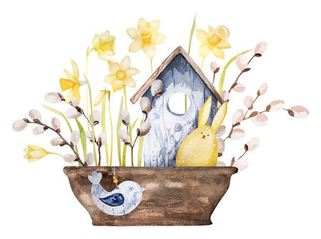 Handmade Watercolor Birdhouse And Potted Daffodils Make Perfect Easter Decorの写真素材