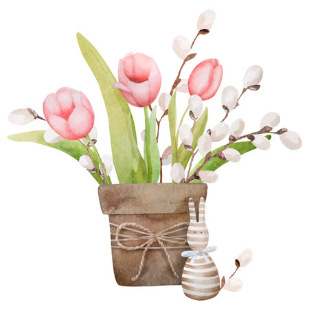 Handmade Watercolor Illustration Features Red Tulips In A Pot With Willow And A Rabbit, Perfect For Easter Decorのイラスト素材