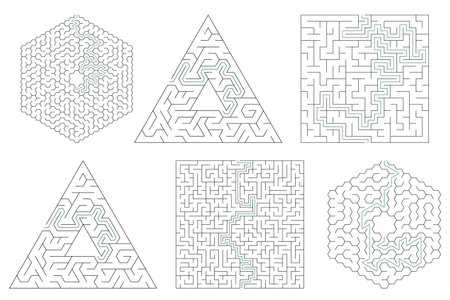 Vector mazes isolated on white background, set. Education logic game labyrinth for kids. With the solution.のイラスト素材