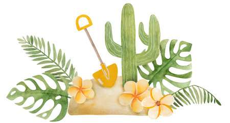 Hand-Drawn Vector Illustration Of A Summer Scene With Sand, A Shovel, A Cactus, And Tropical Flowers And Leaves Clipart On A White Backgroundのイラスト素材
