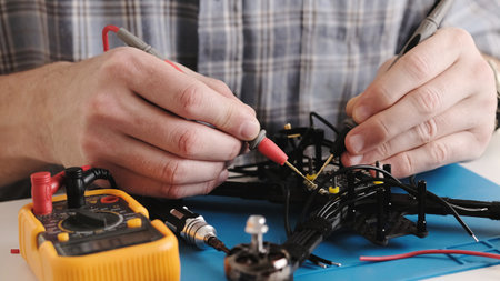 Masrter Cheching Circuit Connection On Microchip Board In Service Center, Hobby FPV Drone Assembling Processの写真素材
