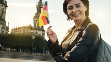 Young Woman Smiles With German Flag In Hand, Against Blurred City Backdrop In Autumnの写真素材