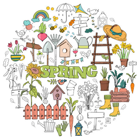 Hand-Drawn Vector Set Of Doodles On A Spring Theme, Featuring Flowers, Garden Tools, And Birdhousesのイラスト素材