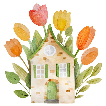 Hand-Drawn Watercolor Vector Illustration Features A Charming Country House With Tulipsのイラスト素材