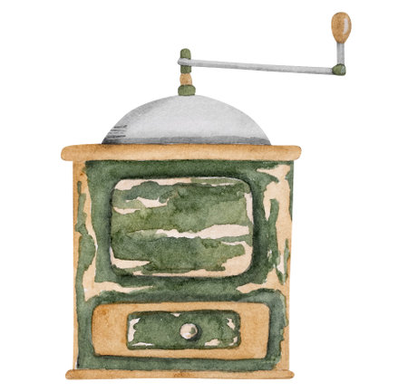 Hand-Drawn Watercolor Illustration Features An Antique Coffee Grinderの写真素材
