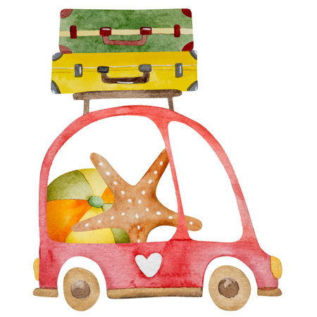 Hand-Drawn Watercolor Vector Illustration Features Car Going On Vacation With Suitcases On Roof, Perfect For Summer Clipartのイラスト素材
