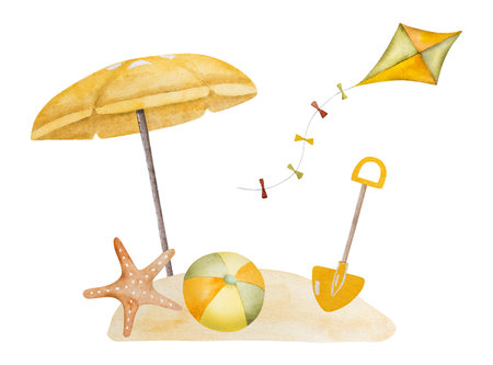 Hand-Painted Watercolor Summer Clipart Features Beach Umbrella, Sand Shovel, Ball, And Kiteの写真素材