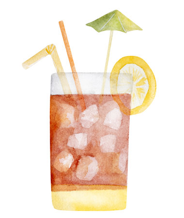 Hand-Painted Watercolor Of A Summer Cocktail With Ice Is A Perfect Summer Clipartの写真素材