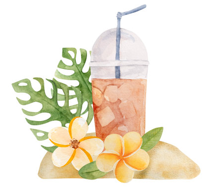 Hand-Painted Watercolor Of A Summer Cocktail With Ice And Tropical Leaves Is A Perfect Summer Clipartの写真素材