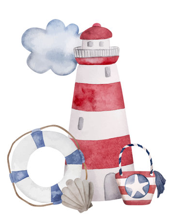 Hand-Drawn Watercolor Vector Illustration Of A Lighthouse And Lifebuoy Makes For Perfect Summer Clipartのイラスト素材
