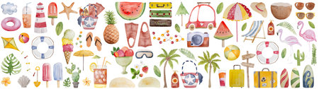 Hand-Painted Watercolor Set Of Images Includes Beach Bag, Flippers, Camera, Cocktail, And Other Summer Clipartの写真素材