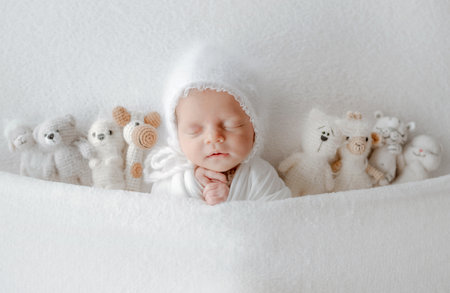 Baby Girl Sleeps Under Blanket With Toys During Newborn Photo Session In Studioの写真素材