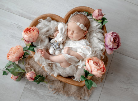 Newborn Baby Girl Sleeps In Heart-Shaped Wooden Bowl Among Flowers During Studio Photoshootの写真素材