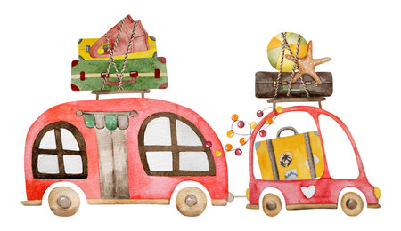 Hand-Painted Watercolor Depicts A Car And Mobile Home Heading On Vacation With Suitcases On The Roof, Perfect For Summer Clipartの写真素材