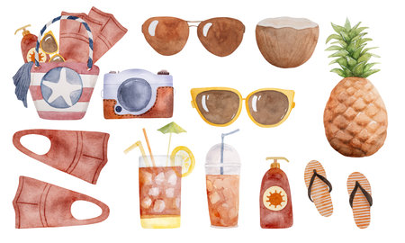 Hand-Painted Watercolor Set Of Images Includes Beach Bag, Flippers, Camera, Cocktail, And Other Summer Clipartの写真素材