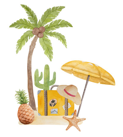 Hand-Painted Watercolor Summer Clipart Features An Island With A Palm Tree, Yellow Suitcase, And Beach Umbrellaの写真素材