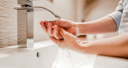 Girl washing hands with soap foam in bathroom with steel faucet. Hygiene and cleaning procedure to prevent virus and deseaseの写真素材