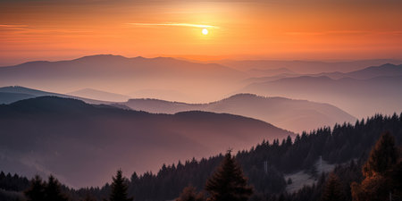 amazing panoramic landscape with mountains at sunrise in the fog, generative AIの素材