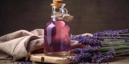 Lavender oil in transparent bottle with lavender sprigs on table serves as cosmetic body care.の素材