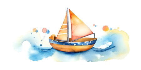 Watercolor illustration of wooden toy boat on watercolor blue waves on white backgroundの素材